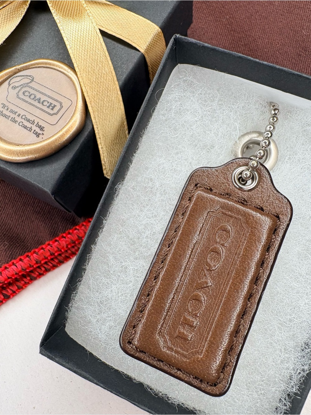 🦬 Y2K 2” Coach Walnut Leather Vintage Leather Hang Tag Replacement Fob Bag Charm